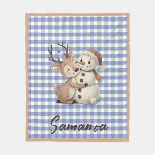 Tartan plaid reindeer snowman blue beige name フリースブランケット (正面)
