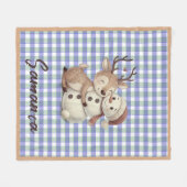 Tartan plaid reindeer snowman blue beige name フリースブランケット (正面(横))