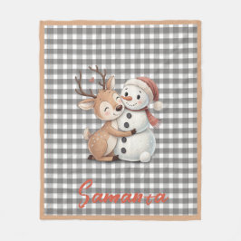 Tartan plaid reindeer snowman grey white name フリースブランケット