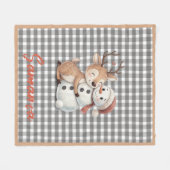 Tartan plaid reindeer snowman grey white name フリースブランケット (正面(横))