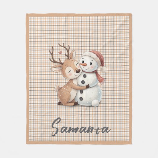 Tartan plaid reindeer snowman orange beige name フリースブランケット (正面)
