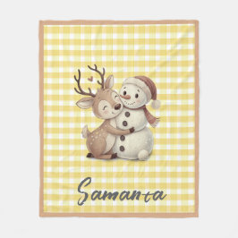 Tartan plaid reindeer snowman yellow beige name フリースブランケット