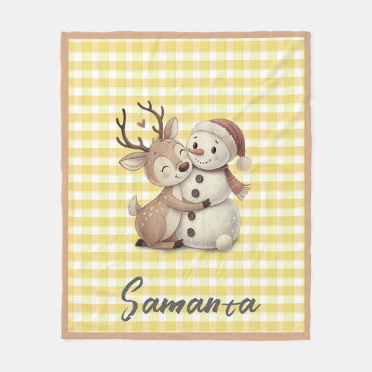 Tartan plaid reindeer snowman yellow beige name フリースブランケット (正面)