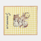 Tartan plaid reindeer snowman yellow beige name フリースブランケット (正面(横))