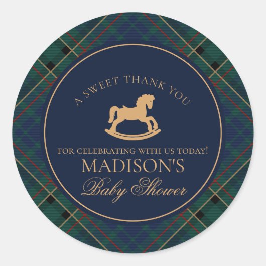 Tartan Plaid Rocking Horse Baby Shower Favor ラウンドシール (正面)