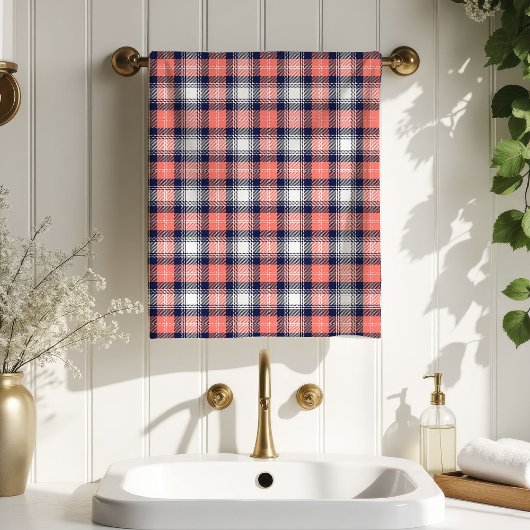 Tartan Plaid Towel Coral Navy Birthday Present バスタオルセット