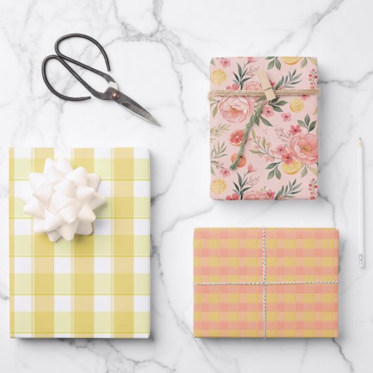 Tartan rose lemon yellow peach set wrapping paper ラッピングペーパーシート (正面)