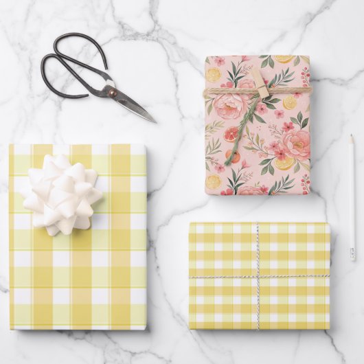 Tartan rose lemon yellow set wrapping paper ラッピングペーパーシート (正面)