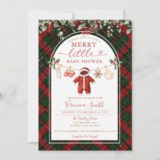 Tartan Santa Clothesline Merry Little Baby Shower 招待状 (正面)