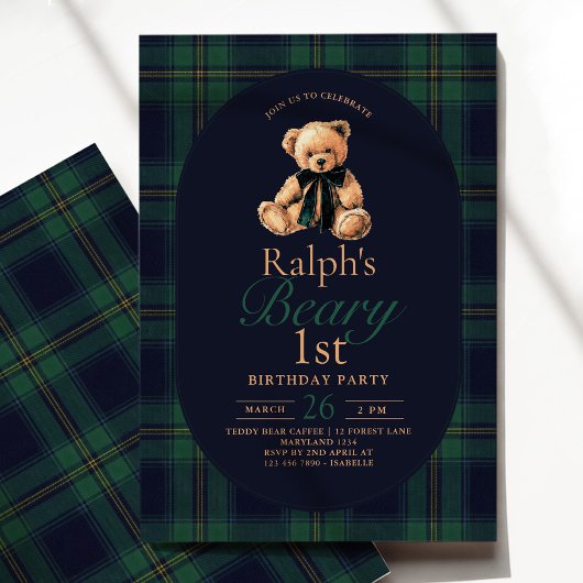Tartan Teddy Bear 1st Birthday 招待状