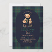 Tartan Teddy Bear 1st Birthday 招待状 (正面)