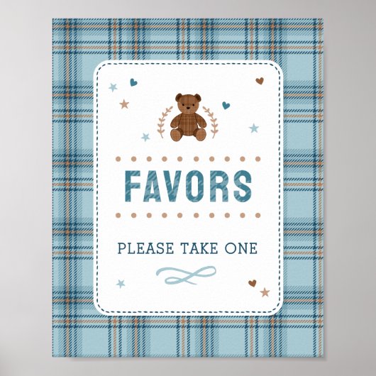 Tartan Teddy Bear, Baby Boy Shower FAVOR SIGN ポスター (正面)