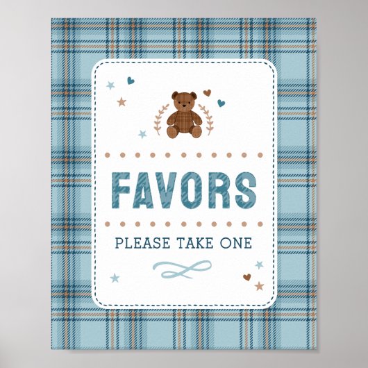 Tartan Teddy Bear, Baby Boy Shower FAVOR SIGN ポスター (正面)