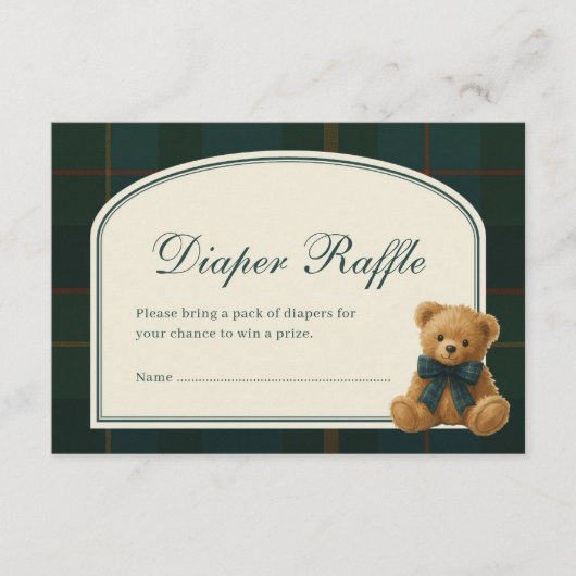 Tartan Teddy Bear Baby Shower Diaper Raffle エンクロージャーカード (正面)