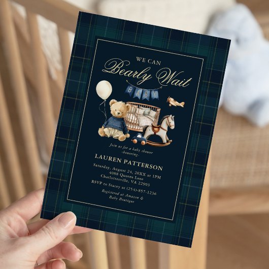 Tartan “We Can Bearly Wait” Bear Baby Shower 招待状