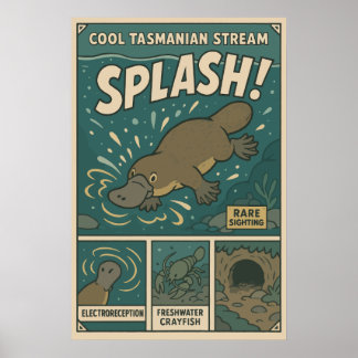 Tasmanian Platypus Splash Retro Art ポスター
