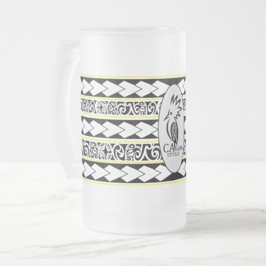Tasse en verre glacé. Tribal Ethnic/Jaune フロストグラスビールジョッキ (正面左)