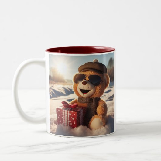 Tasse Plüschbär im Schnee hat ein Geschenk ツートーンマグカップ (左)