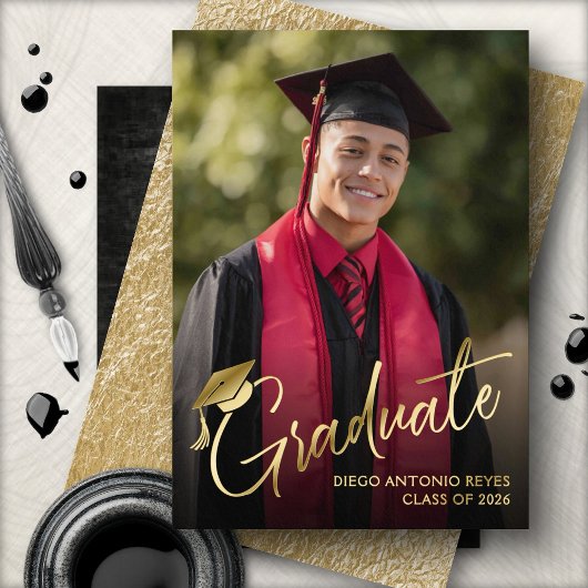 Tassel Cap Script Photo Graduation Announcement 箔招待状