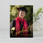 Tassel Cap Script Photo Graduation Announcement 箔招待状 (立ち正面)