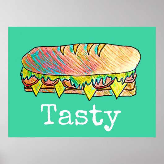Tasty sub sandwich cute food art ポスター (正面)