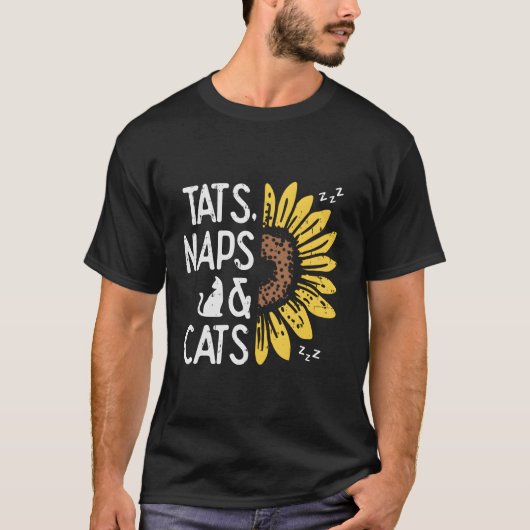 Tats昼寝と猫ひまわりペット飼い主アニマルラブ Tシャツ (正面)