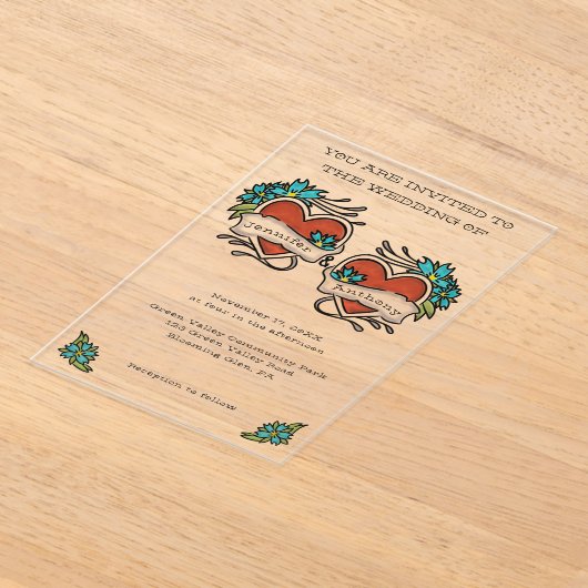 Tattoed Hearts Tattoo Graphic Wedding アクリル招待状 (レイダウン)