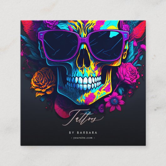 Tattooアーティスモダント金ゴールドスクリプトブルーピンクパープル スクエア名刺 (正面)