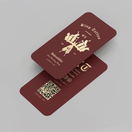 TattooアーティスモダントMonogram金ゴールドダークレッドQR 名刺