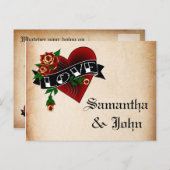 Tattooハートとバラ日付の保存 案内ポストカード (正面/裏面)