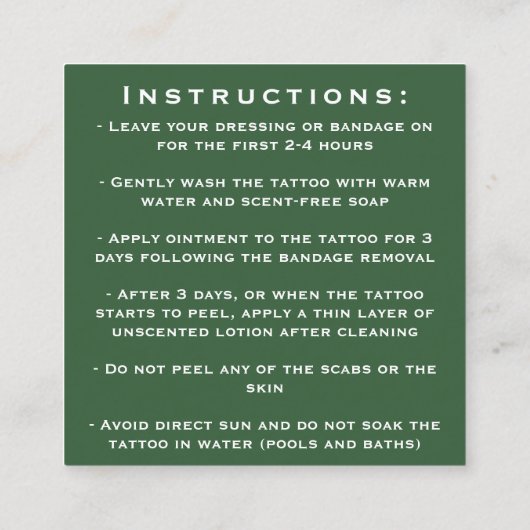 Tattoo Artistミニマルアフターはっきりしたケアの手順 スクエア名刺 (裏面)