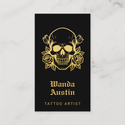 Tattoo Artist Floral Skull Black And Gold   名刺 (正面)