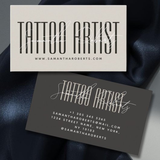 Tattoo artist modern typography script beige gray 名刺