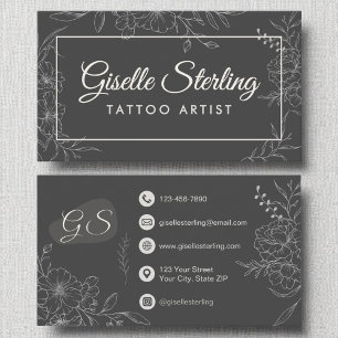 Tattoo Artist Moody木炭グレーモダンフローラ 名刺