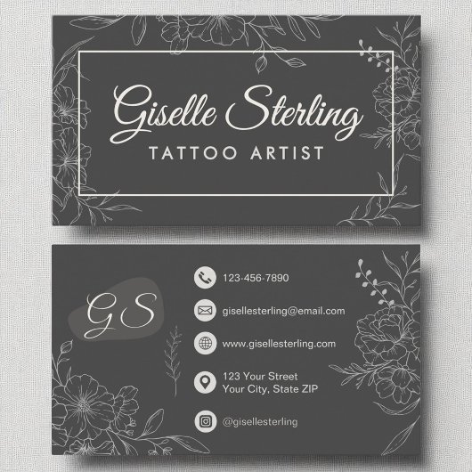 Tattoo Artist Moody木炭グレーモダンフローラ 名刺