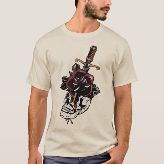 tattoo crane tete de mort dague old school fleur r tシャツ (正面)