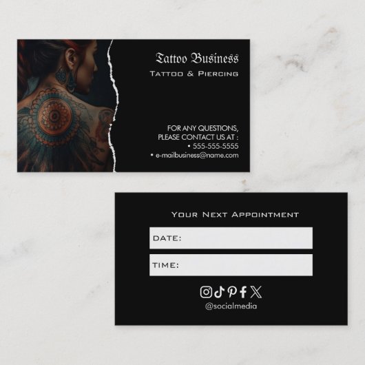 Tattoo Salon Appointment Reminder Business Card 名刺 (正面/裏面)