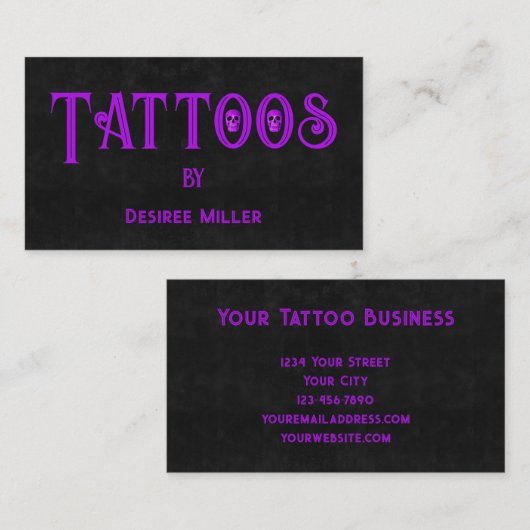 Tattoo Shop Girly Purple Black Skull Business Card 名刺 (正面/裏面)