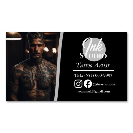 Tattoo Studio Black Photo ビジネスカード | マグネット名刺 (正面)