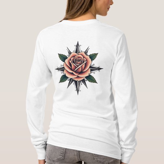 Tattoo Style Rose Compass T-Shirt Design Tシャツ (裏面)