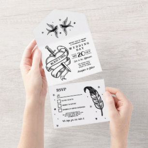 Tattoo Wedding Invite & RSVPハート・バード オールインワン招待状