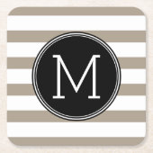 Taupeと白パタストライプのーン黒モノグラム スクエアペーパーコースター (正面)