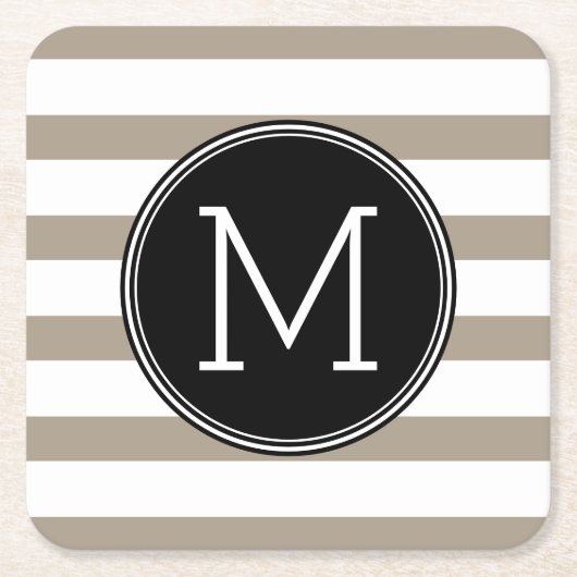 Taupeと白パタストライプのーン黒モノグラム スクエアペーパーコースター (正面)