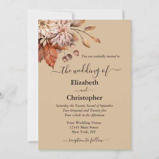 Taupeエレガントフローラボタニカルテラコッタ結婚ズ 招待状 (正面)
