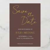 Taupeシンプルスタイル結婚式の日付を保存 箔招待状 (正面)