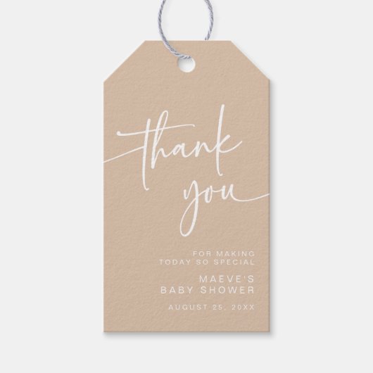 Taupeベビーシャワーメッセージカード感謝していニュートラモダンル ギフトタグ (正面)