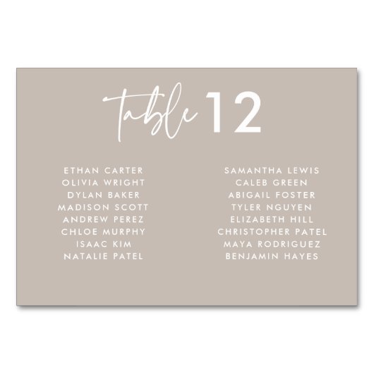 Taupeモダン手書きスクリプト名結婚の数 テーブルナンバー (正面)