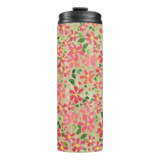 Taupe上のピンク、赤、オレンジの花の花模様のクレマチス タンブラー (正面)