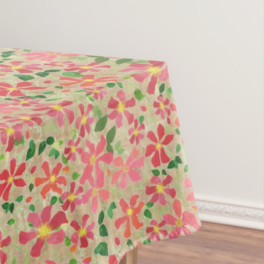 Taupe上のピンク、赤、オレンジの花の花模様のクレマチス テーブルクロス (インサイチュ)