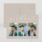 Taupe書道ミニマル卒業3写真 インビテーションポストカード (正面/裏面)